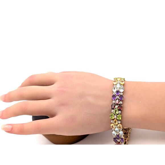 Vintage 925 Sterling Silver Gold Vermeil Multi Gemstone Tennis Bracelet - Picture 4 of 10